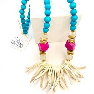 Turquoise and Pink Wood Beaded Necklace NWOT